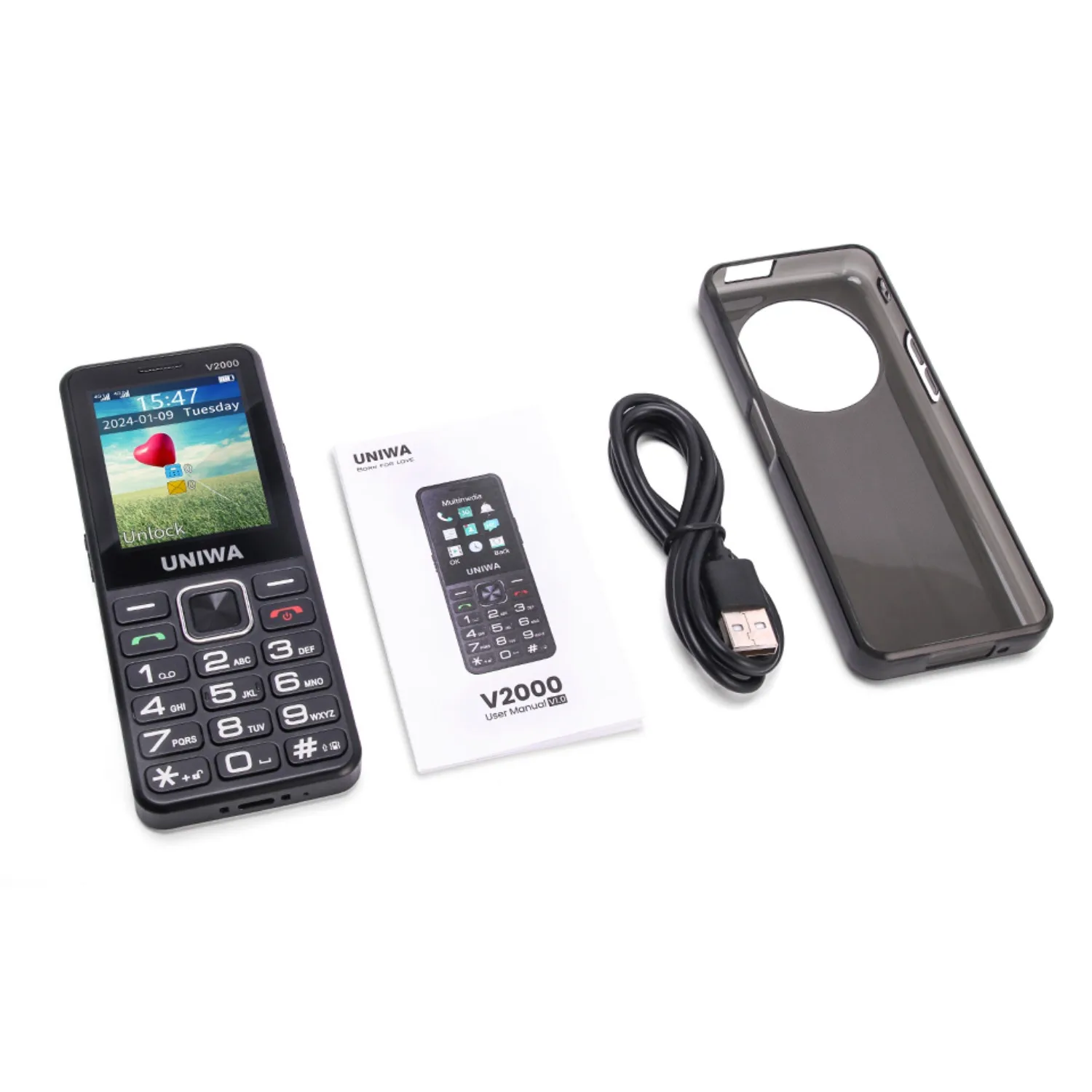 UNIWA V2000 4G لوحة المفاتيح ميزة الهاتف 2.4 "زر كبير بصوت عال مزدوج SlM قابل للإزالة 1700 مللي أمبير تسليط الضوء على الشعلة 0.3MP إصدار الاتحاد الأوروبي والولايات المتحدة الأمريكية