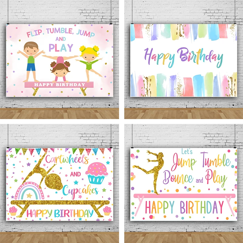 Backdrop Birthday Party Gymnastics Party Decorations Banner for Gymnast Girls Flip Tumble Jump and Play Photography Background