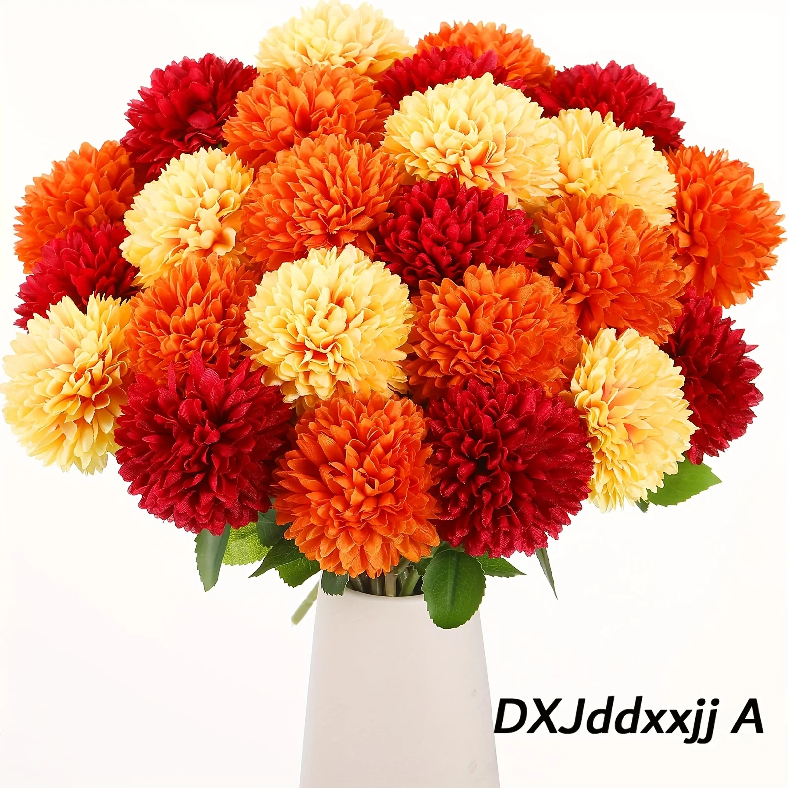10/18 Seiden-/Kunststoff-Chrysanthemen (ohne Vase) – realistisch und farbenfroh (Orange, Rot, Gelb). Bouquets aus Ringelblumen und Chrysanthemen, geeignet für Hochzeiten, Halloween, Weihnachten, Herbsttischdekorationen – Detail 4