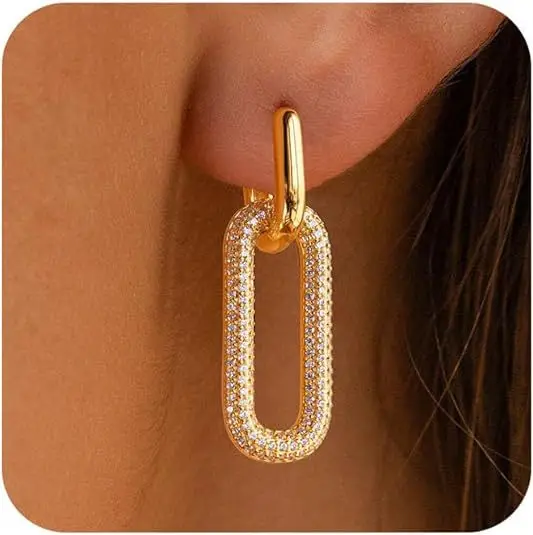 Trendy 18K Gold Plated Earrings for Women Paperclip Square Dangle Hoops Earrings Pin Stud Earrings Jewelry Christmas Gifts
