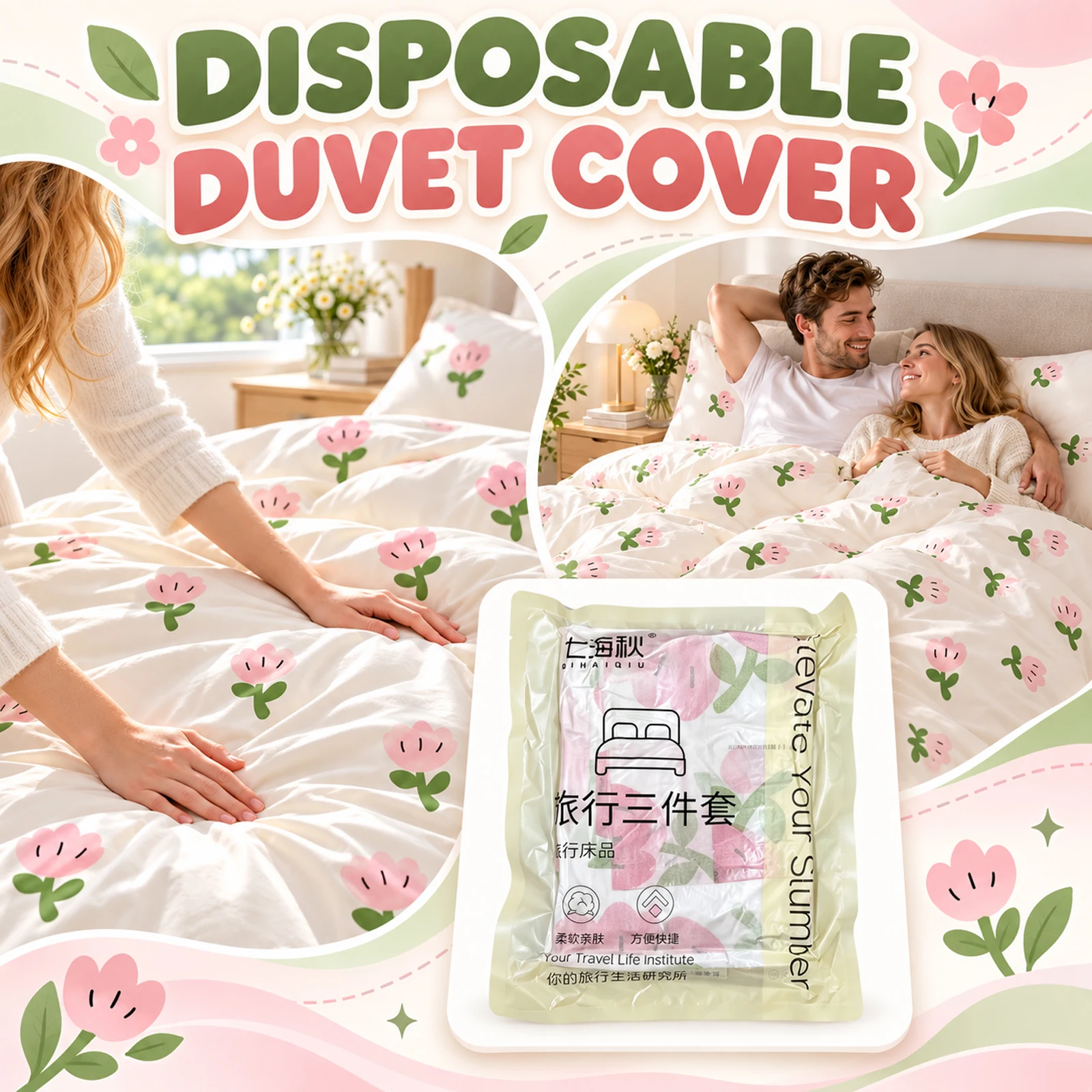 Floral Disposable Duvet Cover Travel Soft Printed Three Piece Set Twin Size Hotel Camping Portable Printed Bedding Supply 2026