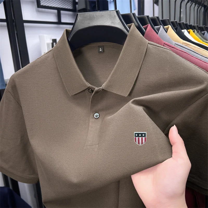 Men's Summer Luxury 100% Cotton Polo Shirt, Lapel Print Short Sleeve T-shirt, Breathable Business Casual Menswear