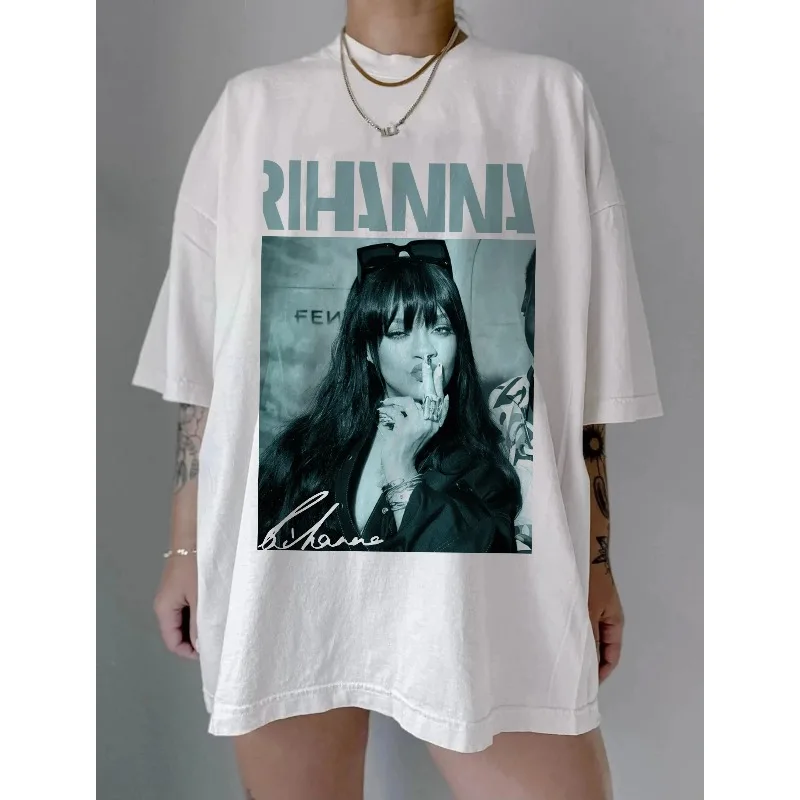 Camiseta gráfica Rihanna: camiseta unissex de música hip hop, camiseta masculina e feminina de verão, solta e respirável, de algodão