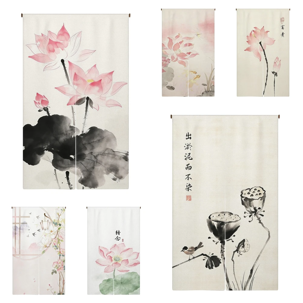 Cortina de Porta Noren Chinesa com Padrões de Flor de Cerejeira Japonesa, Cortina de Linho para Porta, Decoração de Casa, Cortinas Divididas para Cozinha