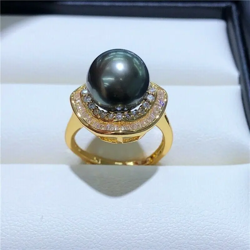 “NEW Gorgeous Perfect AAAA+10-11mm Round South Sea Black Pearl Ring 925s”