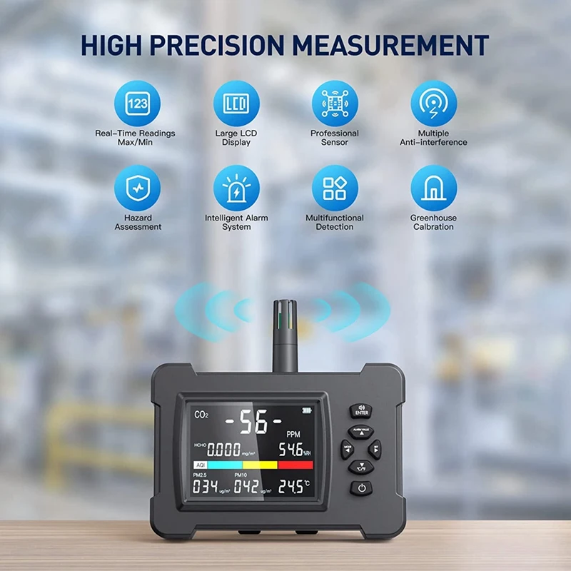 Monitor de Qualidade do Ar Atualizado para Formaldeído, Sensor Preciso, Detector De CO2, 8 em 1, PM2.5, PM10