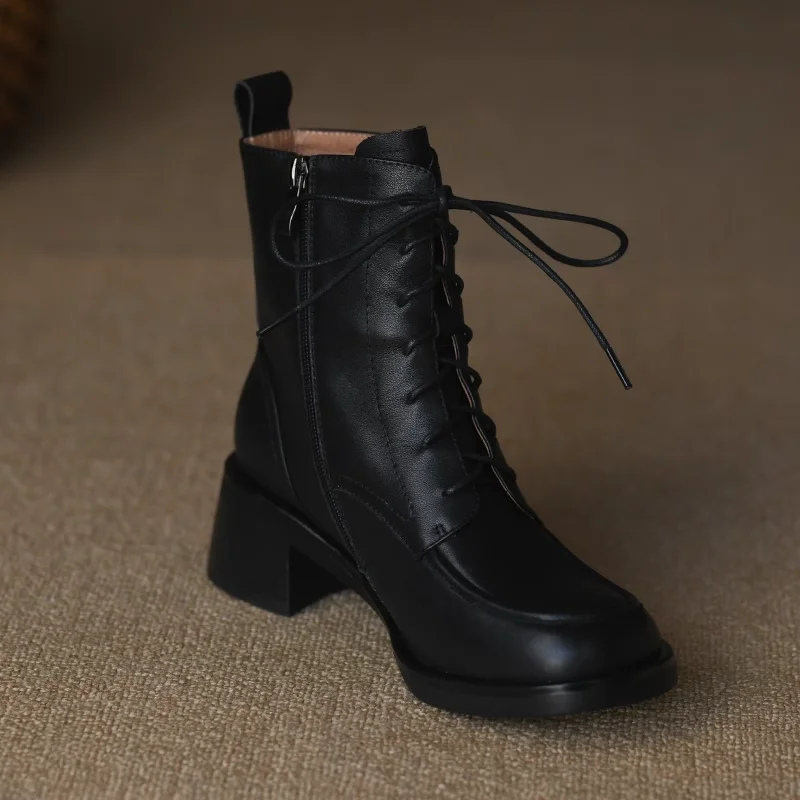 Ankle Boots Thick Heel Street Style Winter Shoes Woman Side Zip Round Toe Cowhide Ladies Retro Shoes Spring Autumn Short Boots