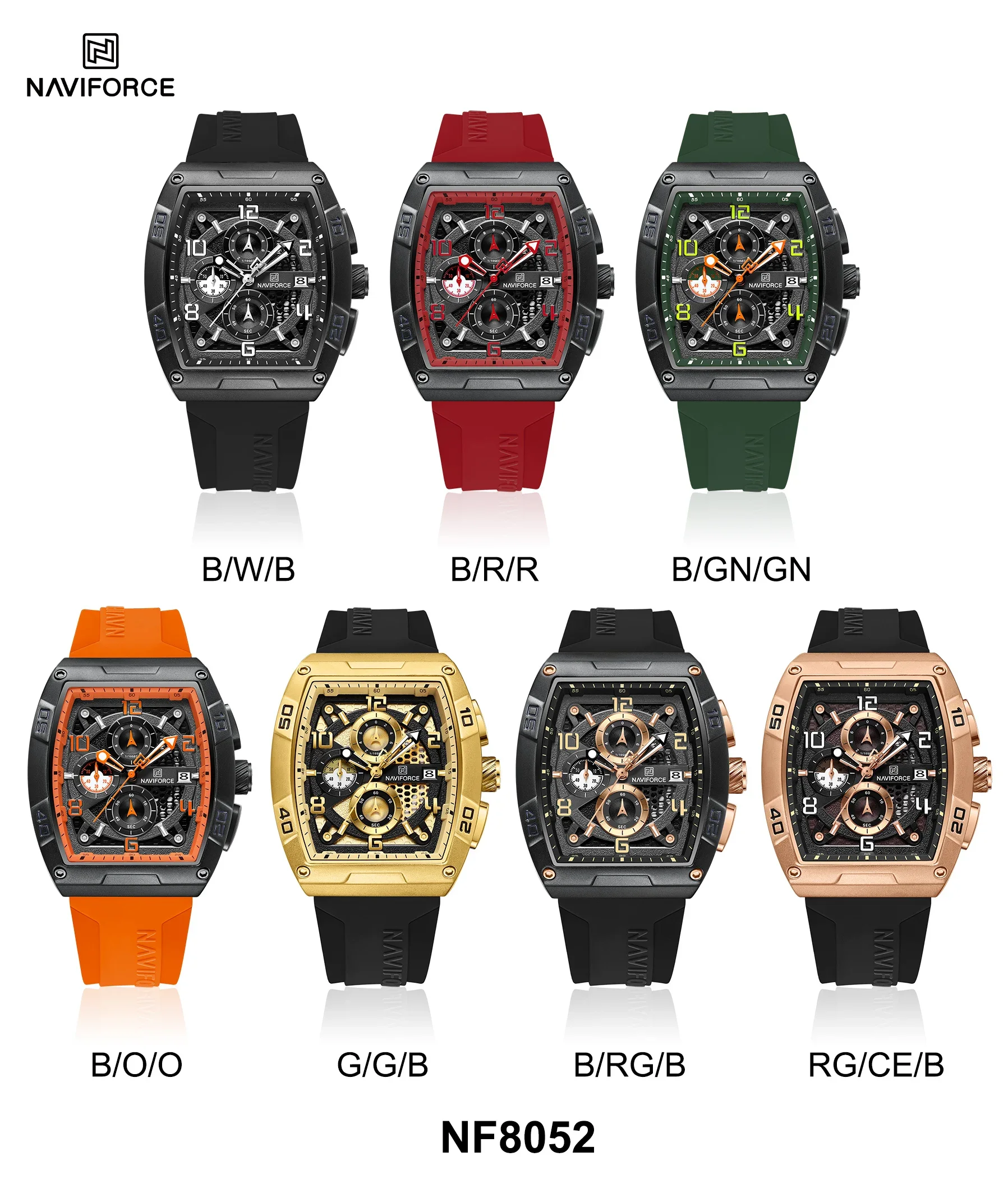 NAVIFORCE الرجال الكوارتز متعددة الوظائف الساعات موضة الرياضة التقويم مقاوم للماء ساعات المعصم رجل كبير الطلب سيليكون حزام على مدار الساعة