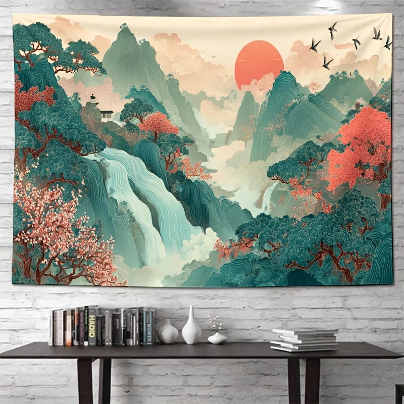 Green Landscape Waterfall Tapestry 2D Digital Print Polyester Wall Hanging Living Room Bedroom Apartment Decor with Hooks
