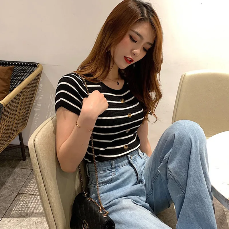 

Summer Women Striped Knitted T-shirt Women's Square Neck Short Sleeve Button Decor Female Summer Top