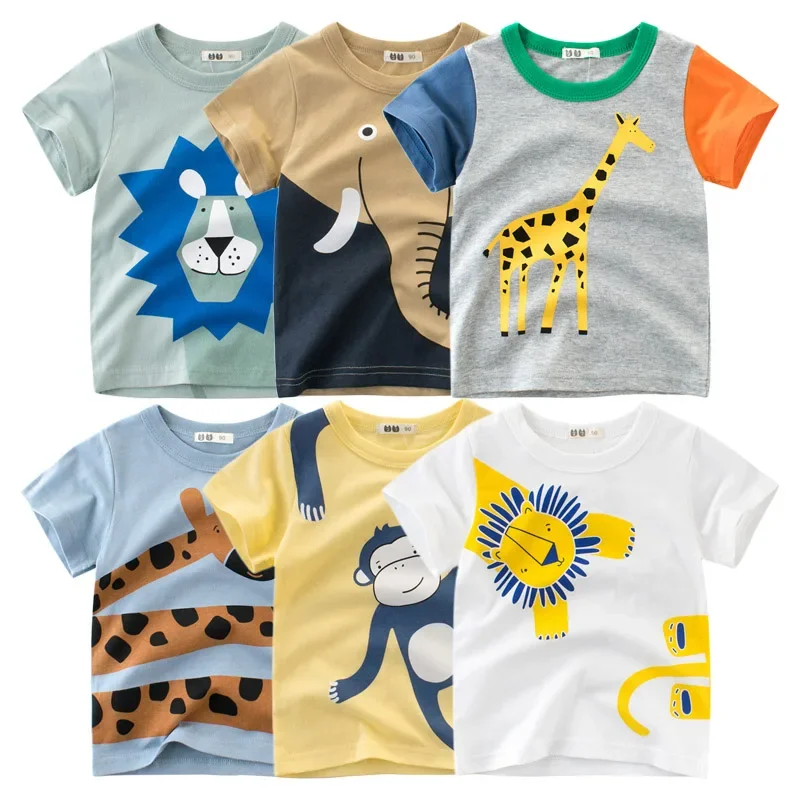 2024 Summer Kids Clothes Boys Girls Short Sleeve T-shirt Tops Children Dog Lion Giraffe Cartoon Animal Cotton Print T Shirt Tees