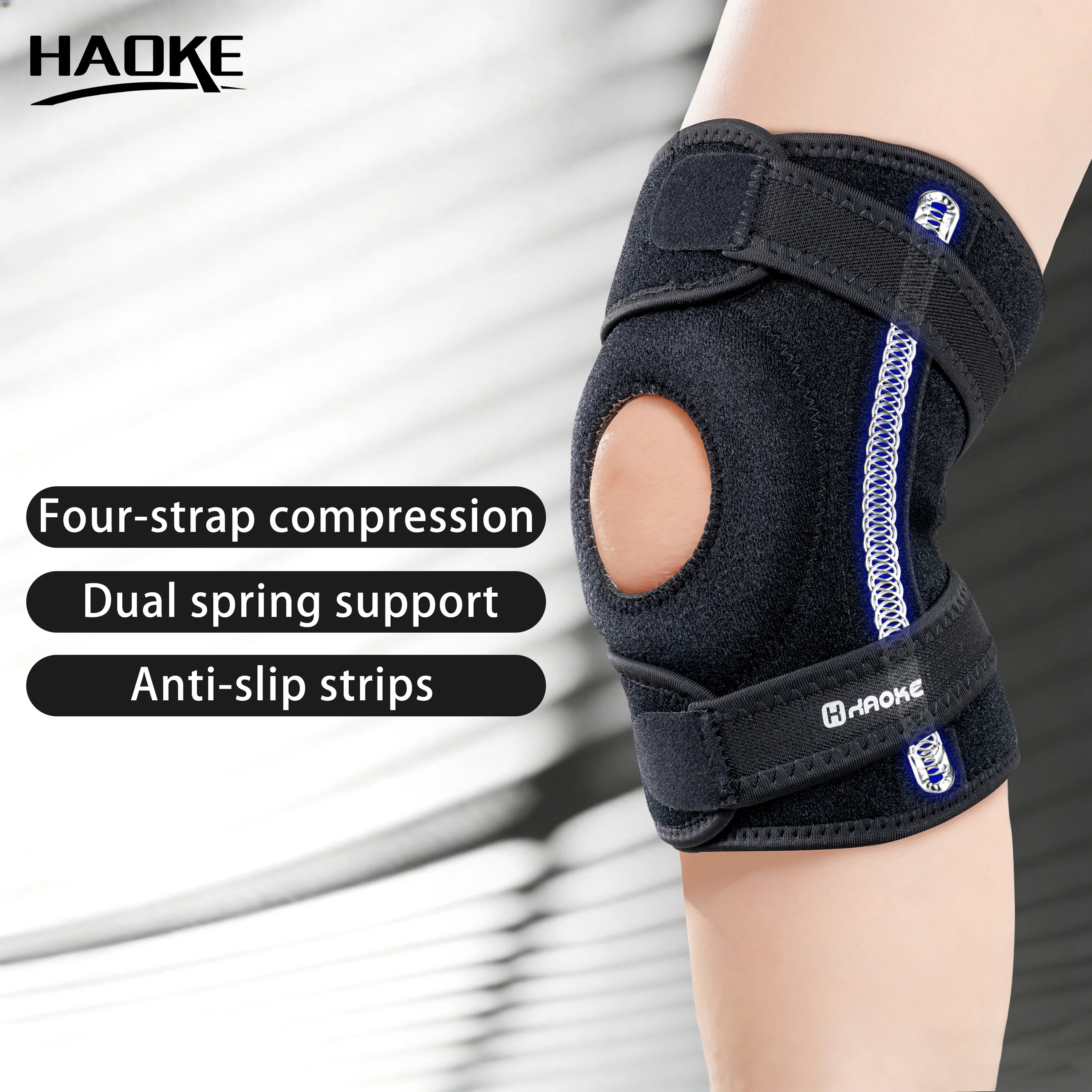 HAOKE Knee Brace with Dual Spring Stabilizers & 4 Adjustable Straps, Open-Patella Compression Knee Support with Anti-Slip Strips