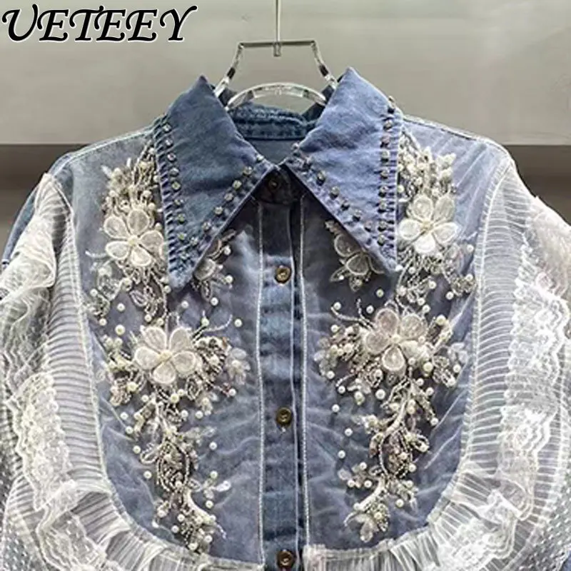 Lace Splicing Beaded Denim Shirt Jacket Women's 2025 Spring and Autumn New Design Sense Niche Blouse Versatile Loose Tops