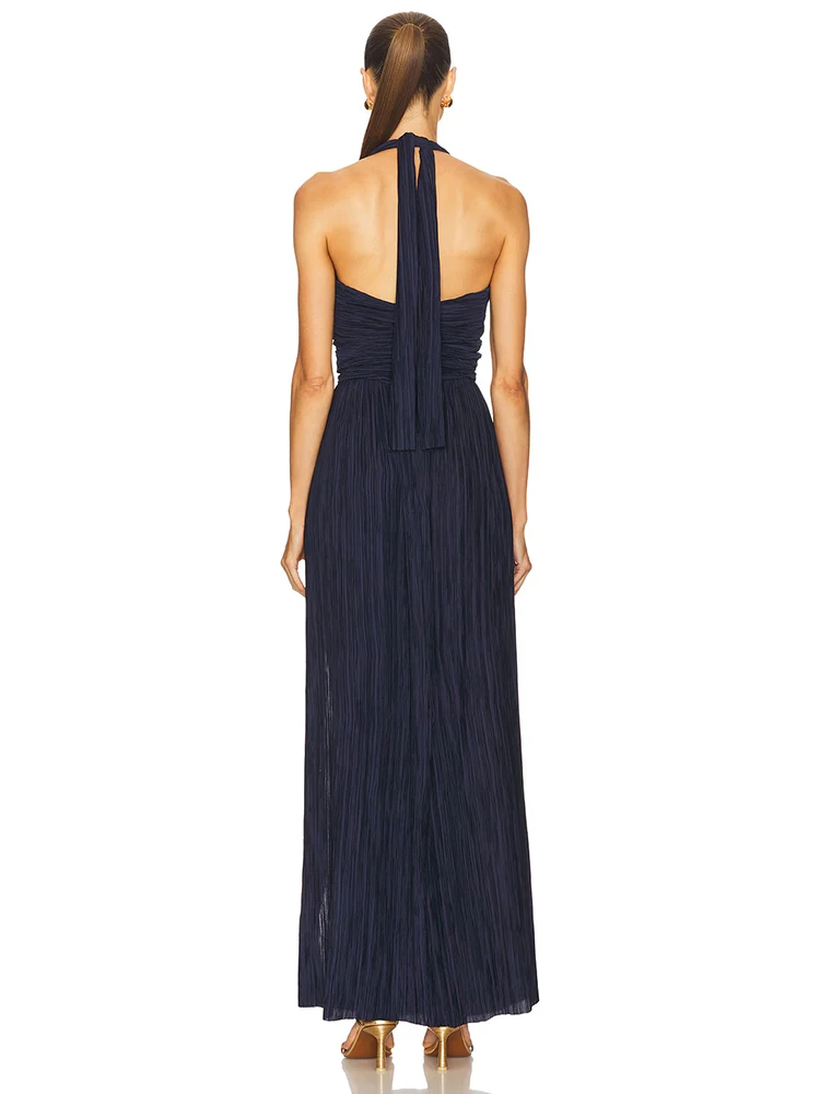 Sexy Dark Blue Halter Neck Long Dress High Slit Sleeveless Bodycon Evening Dresses for Women Hollow Out Holiday 2025 Vestidos