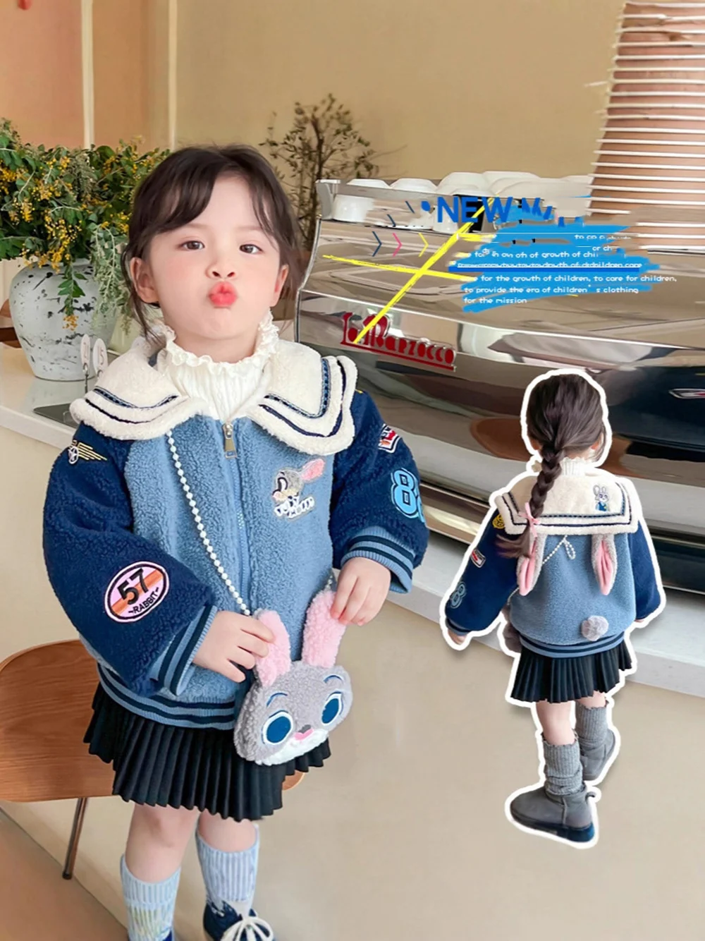 

Girls' Thickened Warm Fleece Jacket 2025 New Autumn Winter Cute Color Block Zip Up Outwear Disney Judy Rabbit Children Coat Tops