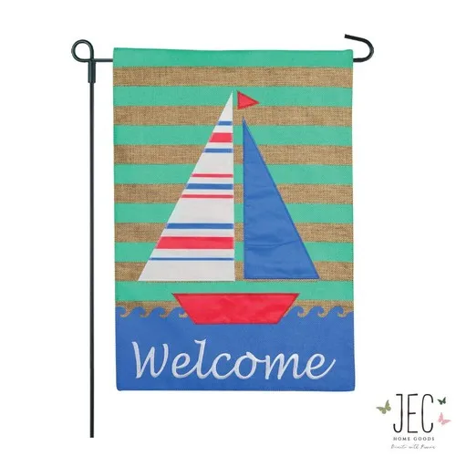 Coastal Sailboat Welcome Burlap 2-Sided Garden Flag 12.5x18