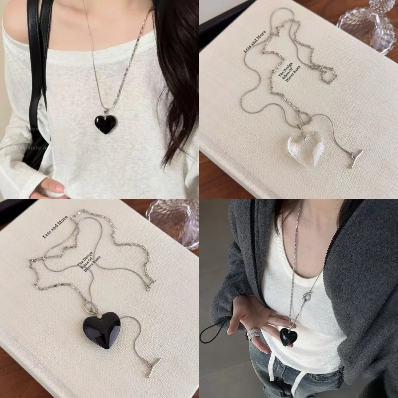 

Premium Adjustable Long Necklace Clear Heart Pendant Choker Sweater Chain for Women Lightweight Daily Office Party Travel Gift