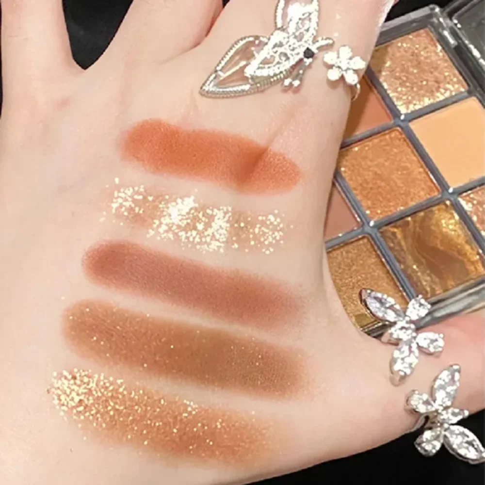 Paleta Cieni do Powiek 9 Kolorów Karmelowy Brąz Perłowy Matowy Ziemiste Kolory Paleta Cieni Błyszczące Brokatowe Pigmenty do Makijażu Trwały Makijaż