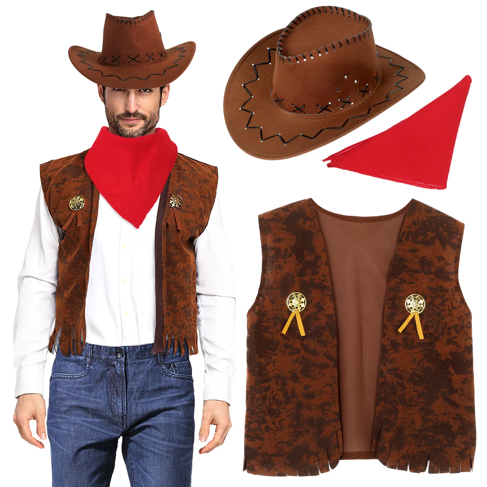 

Stylish Western Cowboy Costume Set Denim Dance Outfit Wild West Party Halloween Carnival Cosplay Cowgirl Suit Vest Hat Bandana