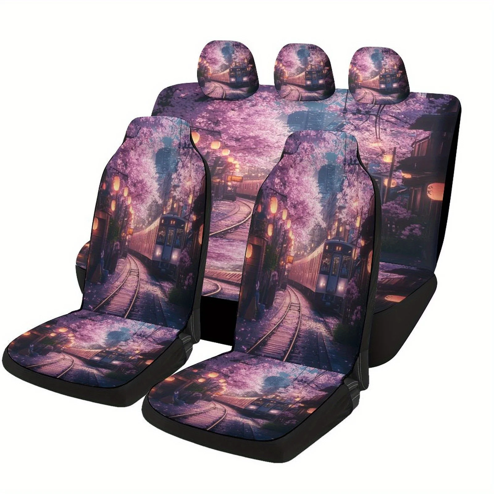 Cherry Blossom Train Themed Car Seat Cover Set For Most Cars, Fashion Novelty Car Seat Protector Covers Full Set, Universal Car