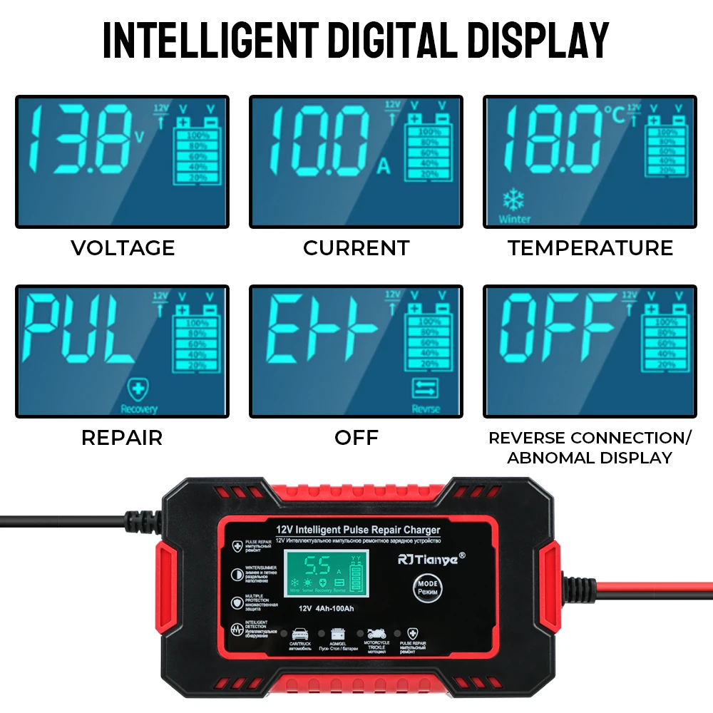 Universal For Auto Moto Wet Dry Lead Acid AGM Gel Car Battery Charger 12V 6A LCD Display Quick Charge Power Pulse Repair