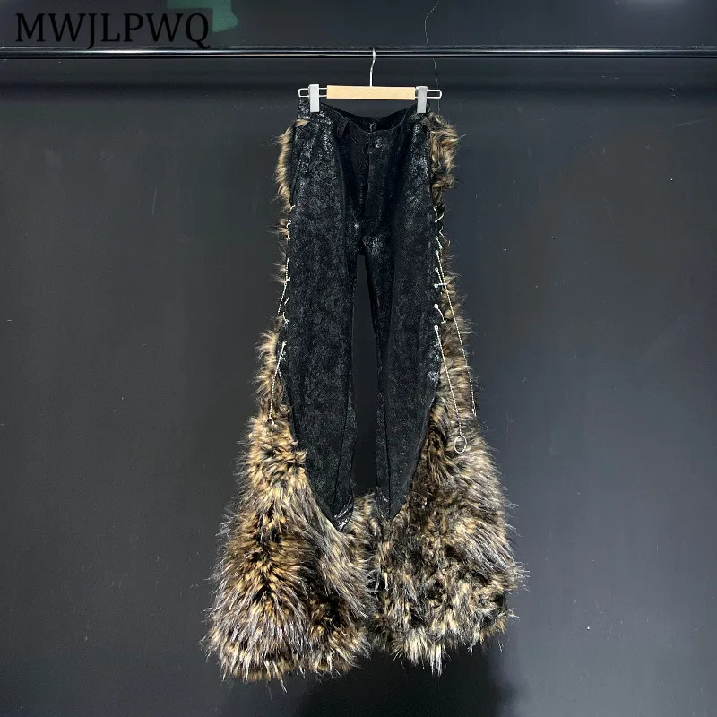 

MWJLPWQ Leopard Printed Fur Thickened Flared Pants High Street Deconstructed Design Patchwork PU Leather Hiphop Trousers 20823