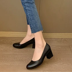 Womens Black Leather Block Heel Pumps Round Toe Comfortable Dress Shoes For Office Work Wedding And Daily Wear Comfortable