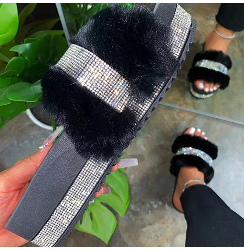 Fur Slippers Women 2024 Fashion Summer Fur Slides For Woman Rhinestone Sandals Fluffy Female Shoes Glitter Indoor Diamond Shoes