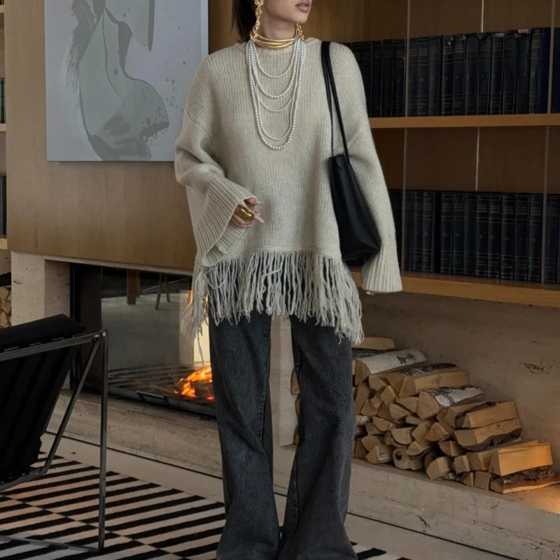 

French Loose Tassel Knit Sweater Joker Simple O Neck Solid Casual Pullover Streetwear Women'S Tops Knitwear Y2K Fashion Jumper