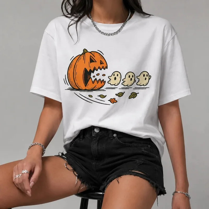 Halloween Pumpkin Chase Ghost Fun Pac Man Pattern Women's Casual Short Sleeved Cotton T-shirt Autumn Horror Women's T-shirt