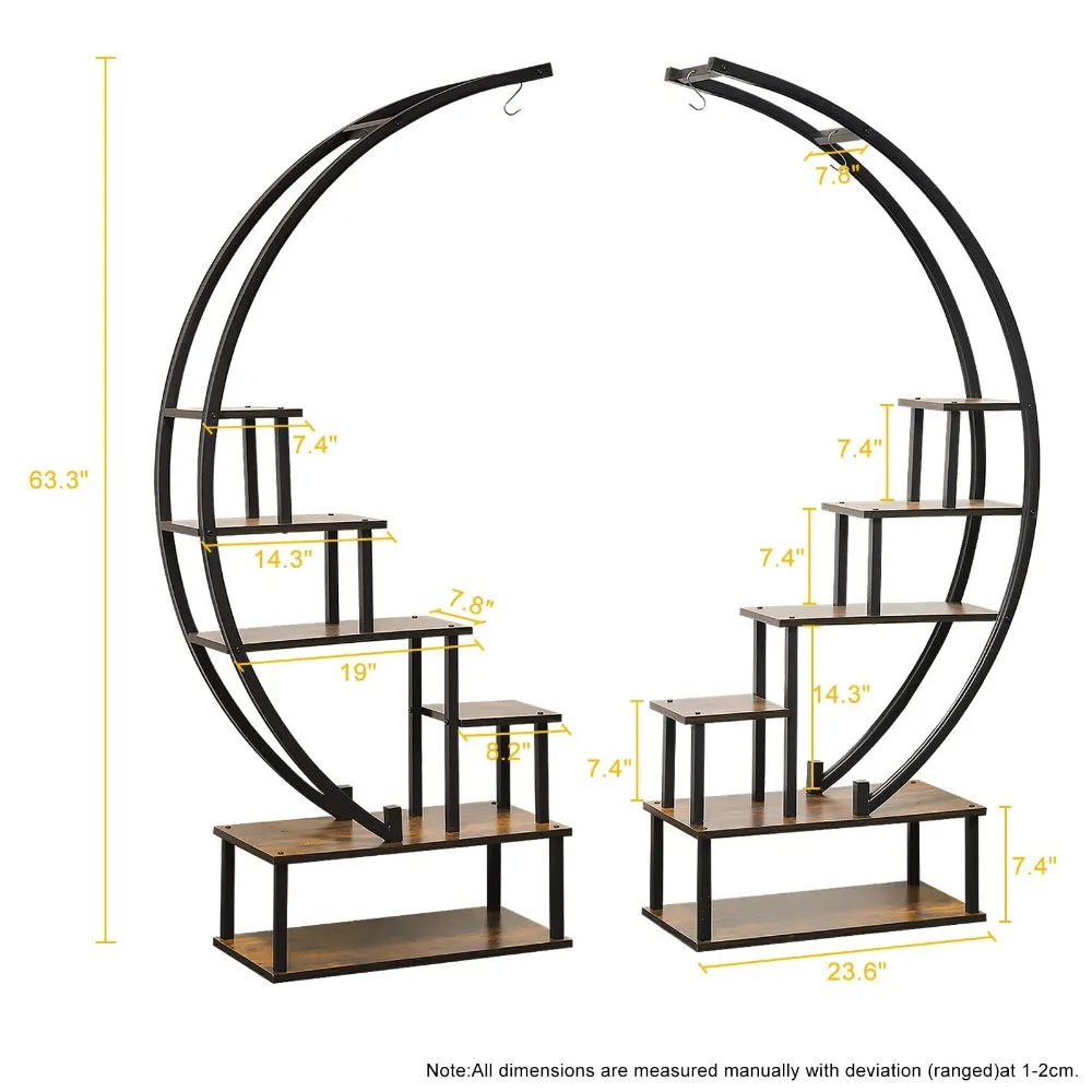 6-уровневая высокая металлическая подставка для комнатных растений, полка для растений в форме полумесяца, подставки для растений для декора растений для украшения дома (круглый дуб)
