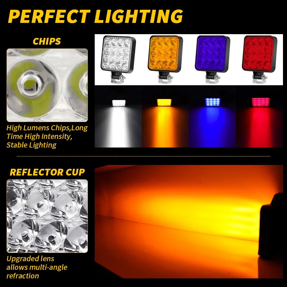 12V Waterproof LED Work Light Bar Square Spotlight 48W Headlight For Truck Off Road Night Driving Light for SUV