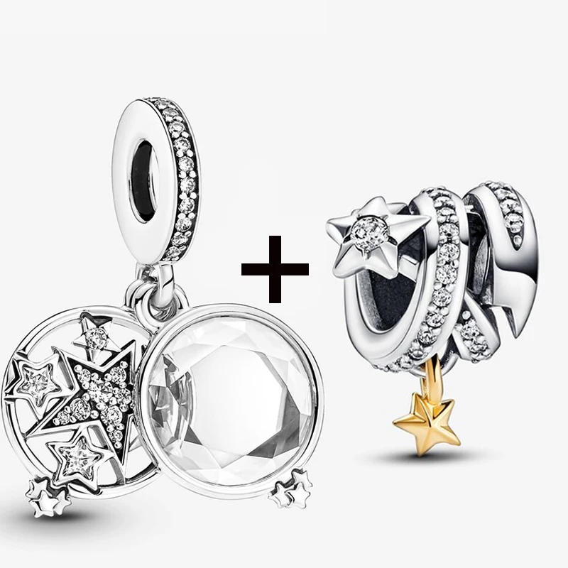 2Pc/Lot Shining Star & Moon Beads With Pendants Fit DIY Brand Charm Bracelets & Necklaces For Women Jewelry Making Gift