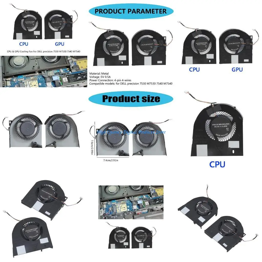 

U2JE Notebook Radiator for DELL 7530 M7530 7540 M7540 CPU & GPU Cooling Fan 5V 4-pin Laptop Cooler