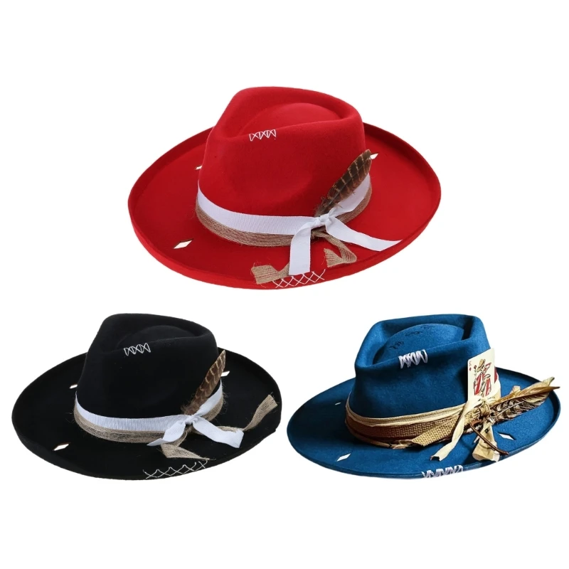 Distressed Hat for Women Men with Woven Belt Panama Hat Roll Brims Hat Cosplay Costume Adult Theme Party Gentlemen Hat