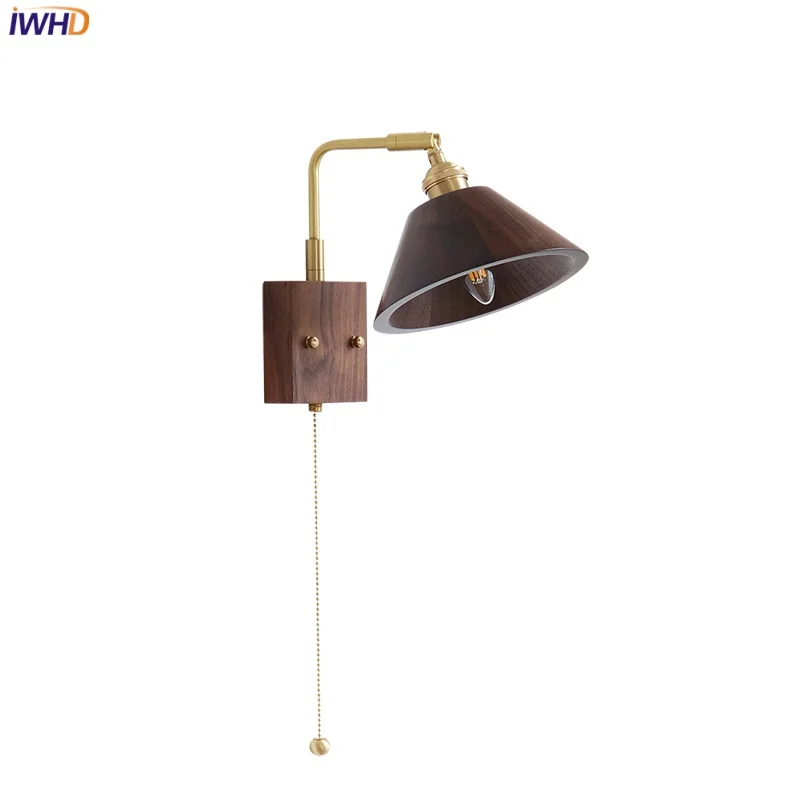 

IWHD Walnut Wood LED Wall Lamps Sconce Aisle Bedroom Bar Simple Pull Chain Switch Rotate Bathroom Vanity Mirror Light Fixture