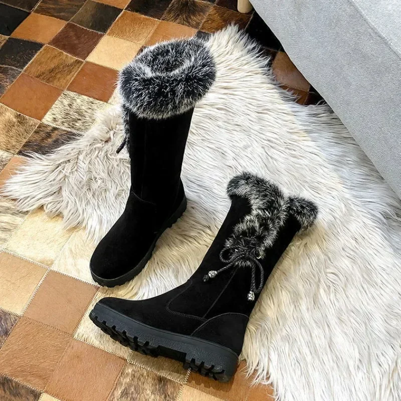 Women's Half High Snow Boots Black Mid Calf Shoes for Woman Elegant With Low Heels Y2k Lamb on Slip Winter 2024 Pu Goth Cosplay