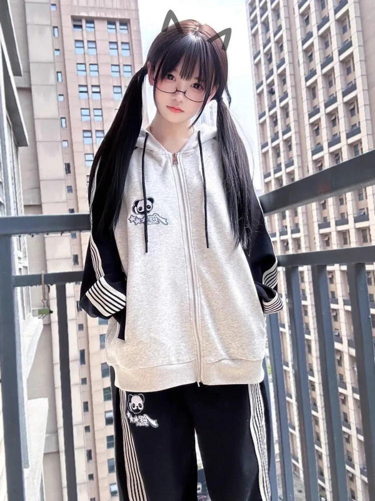 

HOUZHOU Harajuku Patchwork Striped Hoodie Women Japanese Fashion Kawaii Streetwear Panda Embroidery Loose Sweatshirt Soft Gril