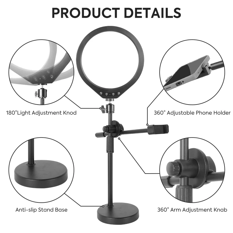 Zestaw lampa pierścieniowa, pełnoekranowy 12-calowy lampa wideo 3000-6000k z podstawka biurowa i ramię wysięgnika uchwytem na telefon do jedzenia lub sesji stołowych