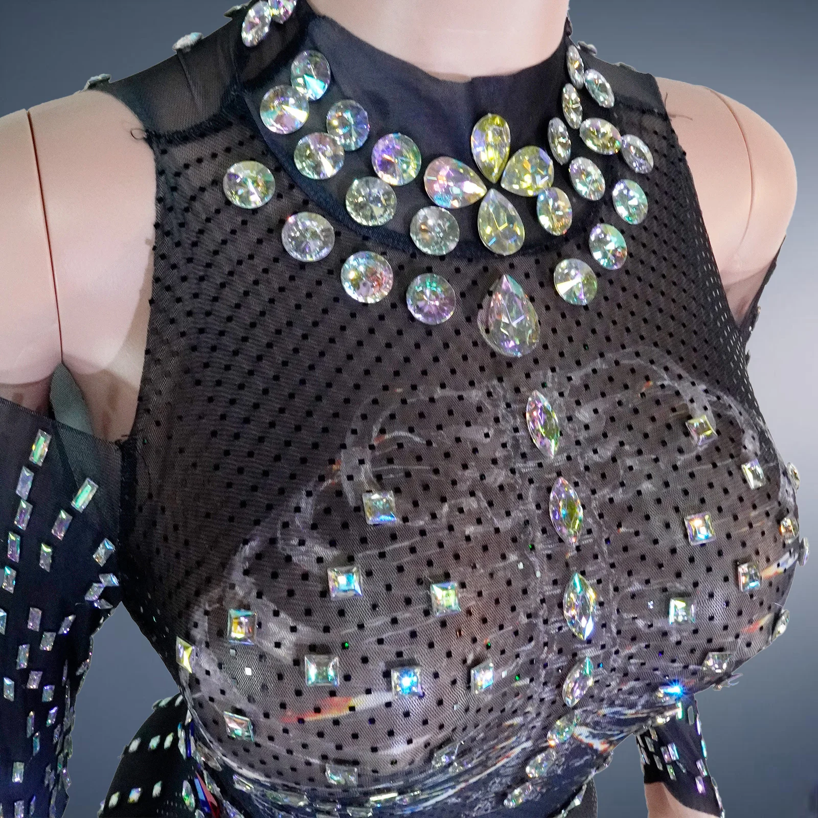 여성 원피스 바디수트 메쉬 크리스탈 라인스톤 스팽글 오프숄더 긴팔 바디콘 클럽웨어 드랙퀸 골드 댄스 의상