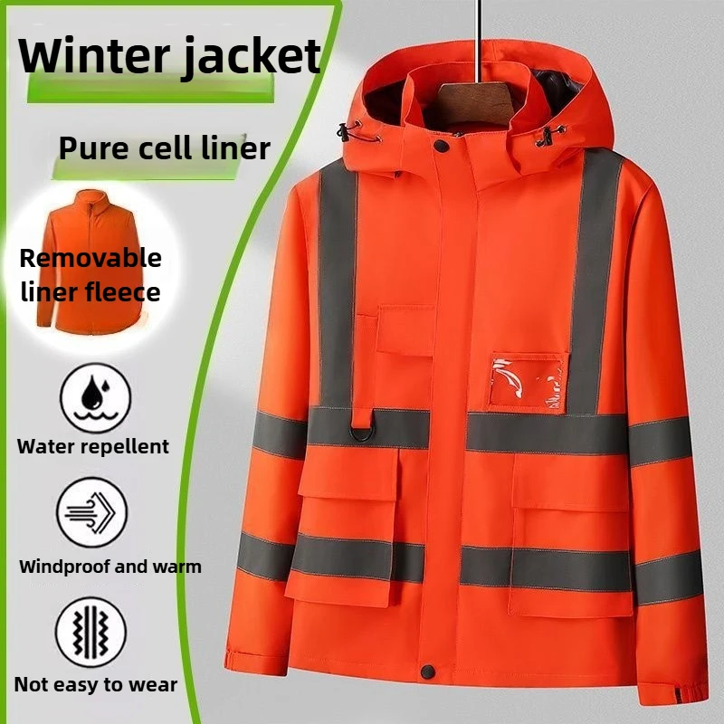 

New 2-Piece Reflective Jacket, Waterproof Windproof Thermal Coat with Detachable Fleece Liner for Work & Hiking