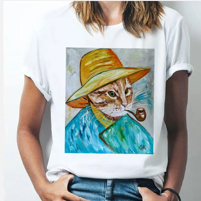 

Oil Painting Cat Graphic Printing Summer Luxury Brand Pure Cotton Men's and Women's T-shirt Short Sleeve Street Fashion Trend