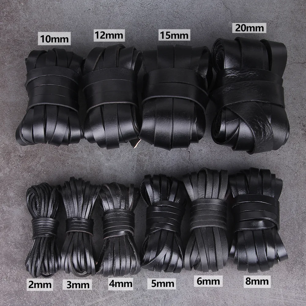 2M Black Color Genuine Flat Leather Cord Real Cowhide Thong String Rope for DIY Necklace Bracelet Jewelry Making Findings