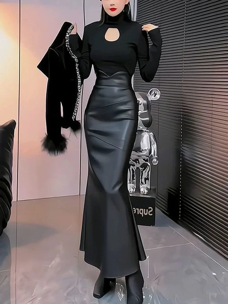 

Ele High Waist PU Leather Skirt Women's Spring New Sle Commute Korean Version Zipper Design Bodycon Fi Tail Skirt