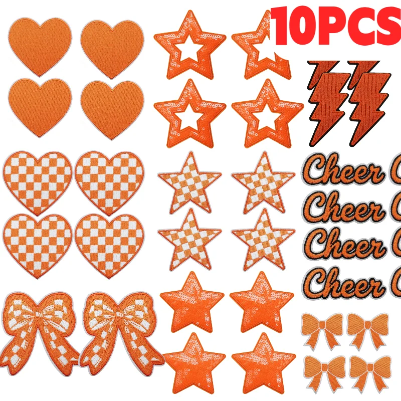 

10 шт. нашивок с вышивкой в оранжевой тематике: молния, любовь, звезда, бант, для чирлидеров, на клеевой основе, для украшения одежды своими руками, оптом