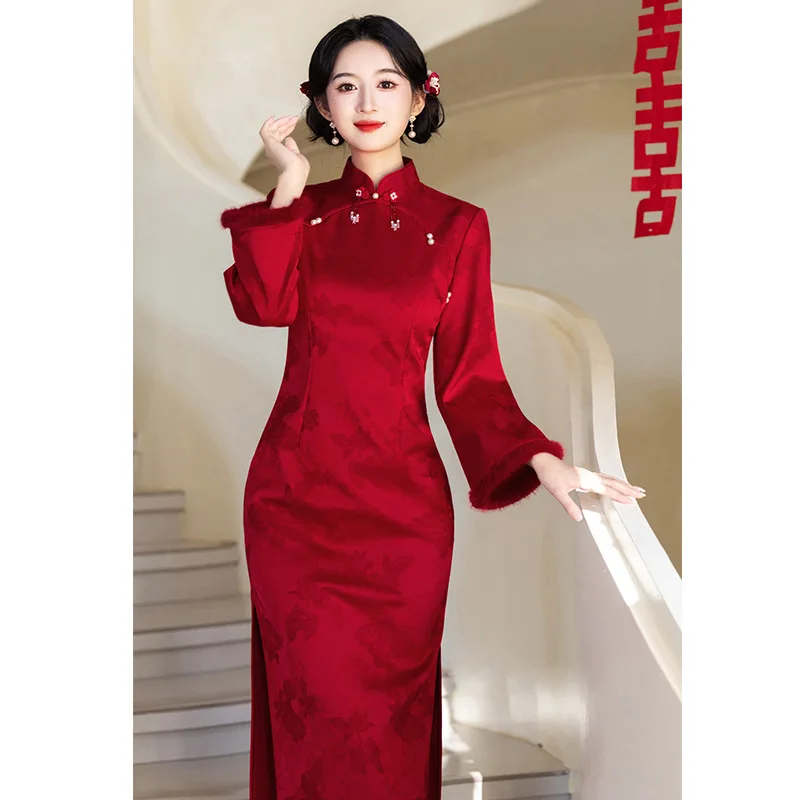 

Жаккардовое платье Cheongsam Red Bride, новинка 2025, осеннее обручальное платье, женское новое китайское платье, элегантное Ципао