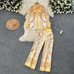 Women Fashion Luxury Print Shirt Top + High Waisted Wide Leg Pants New Spring Autumn Vintage Long Sleeve 2 Piece Sets A236