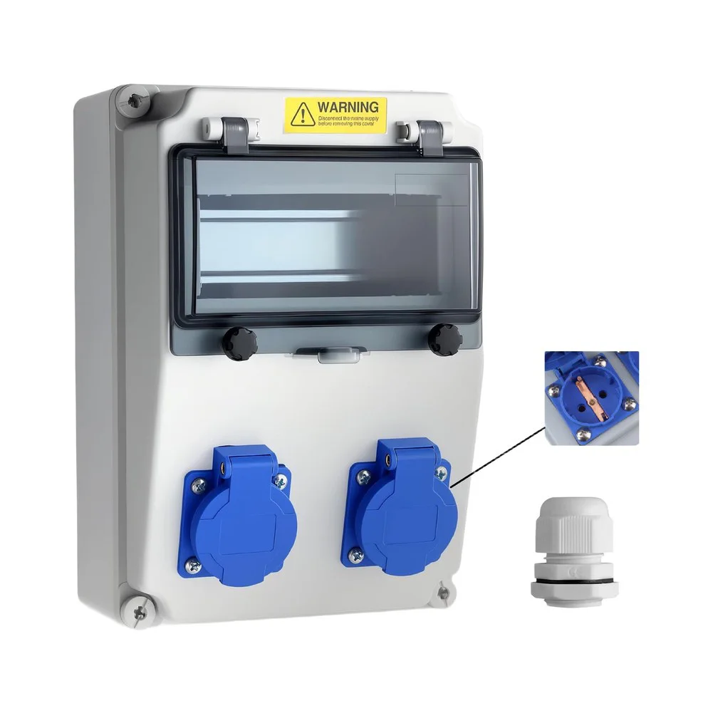 Waterproof Electrical Distribution Enclosure for Construction Use with 2 x 230V 16A EU Sockets and Clear Internal Divider Design
