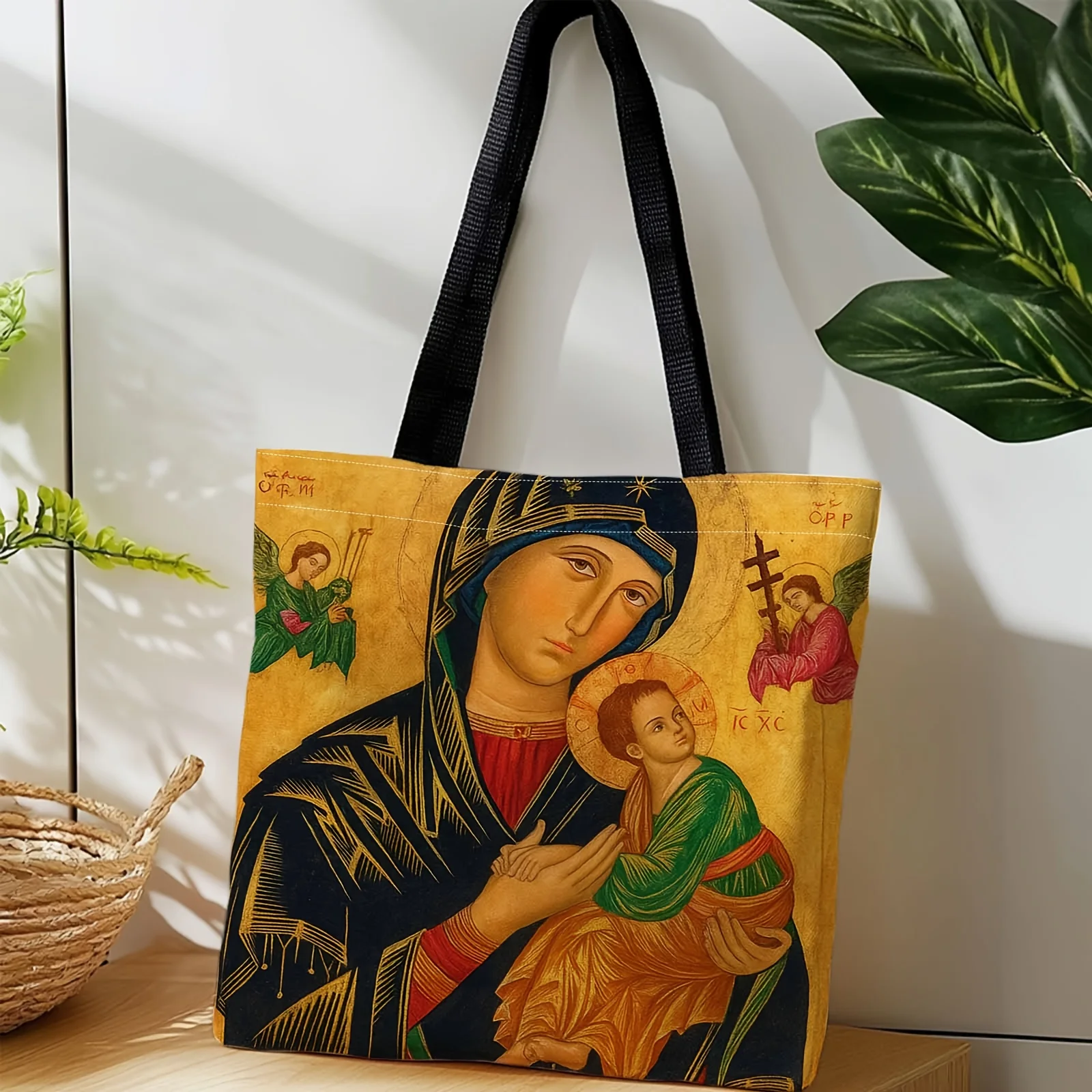 1pc Large Capacity Tote Bag with Virgin Mary Jesus Christ Religious Design Heavy-Duty Christian Church Bag Golden Background