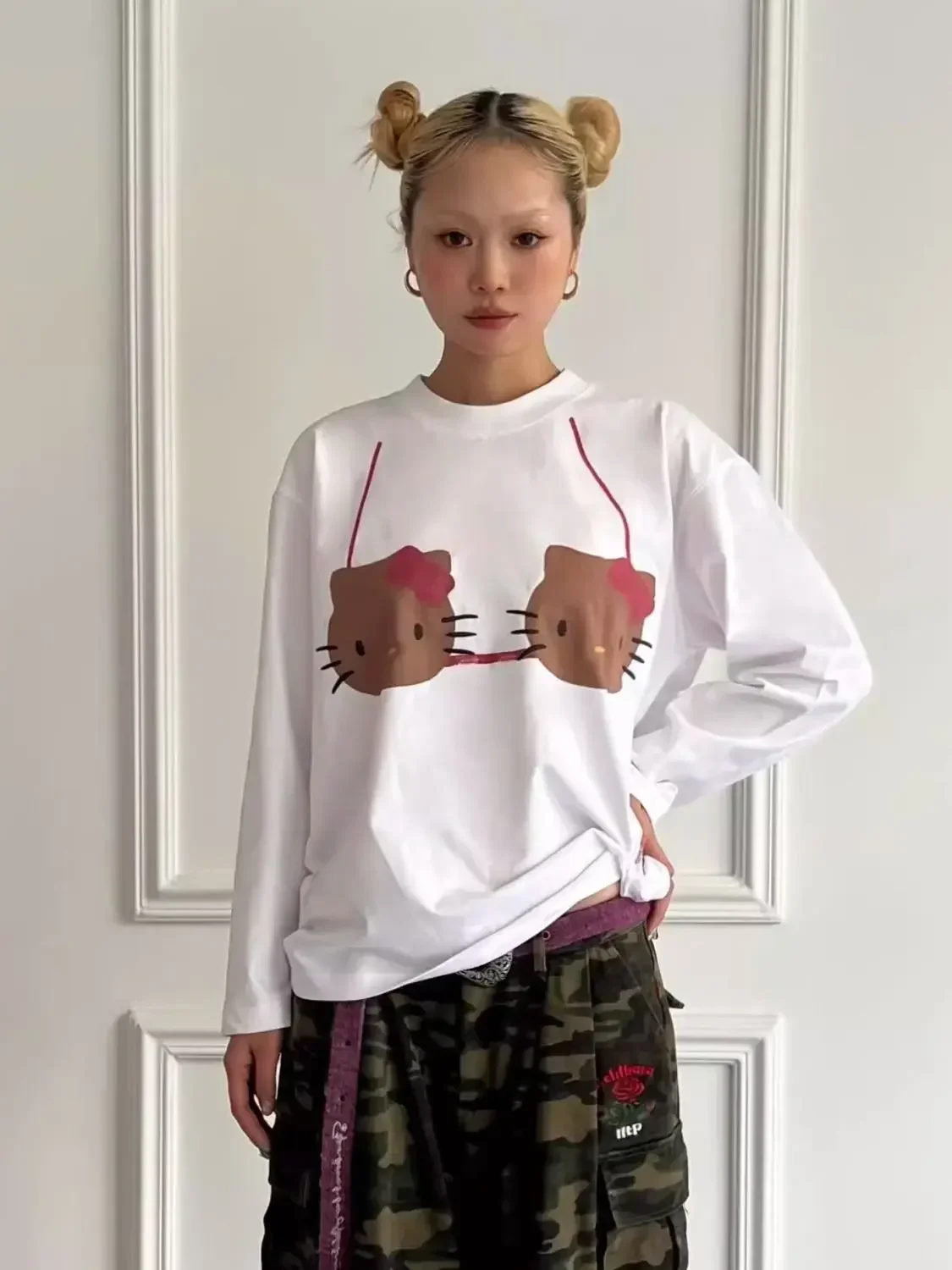 

Sanrio Funny Hello Kitty Printed Long Sleeve T-shirt Y2k Anime Kawaii Women Cotton Long Sleeve Cute Girl Heart Round Neck Top